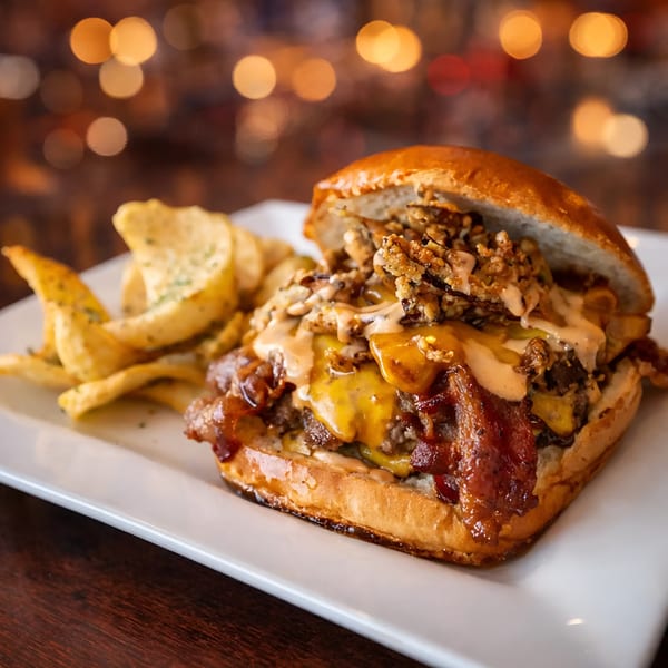 A Jams@209 Sports Bar & Grill burger with bacon, cheese, and special sauce, served with chips.