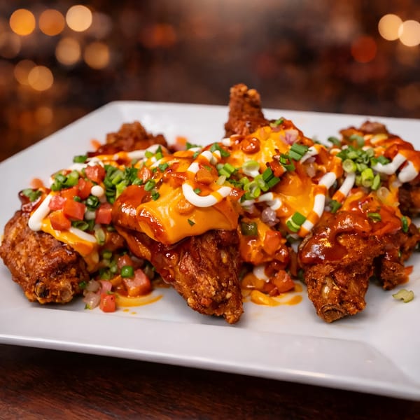 Crispy chicken wings topped with melted cheese, diced tomatoes, and green onions on a white plate.