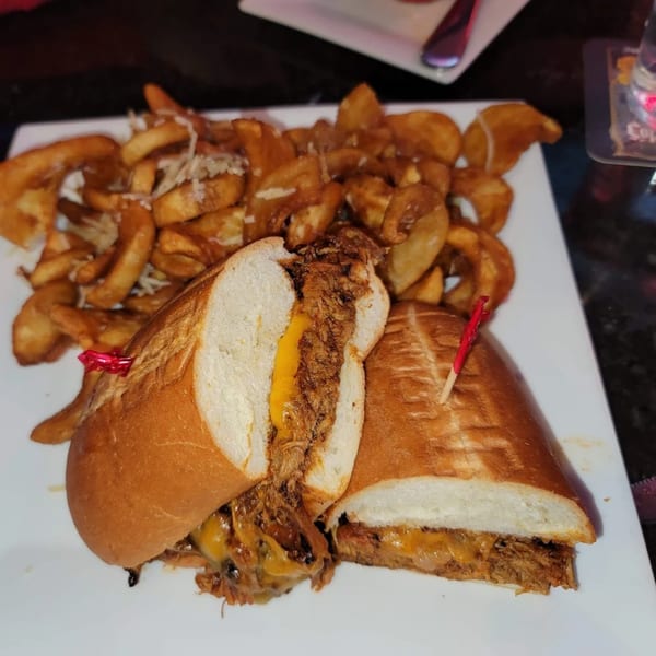 Pulled pork sandwich with melted cheese and a side of seasoned curly fries on a white plate.
